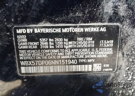 2022 BMW X3 xDrive30I из США, поврежденный, VIN WBX57DP06NN151940